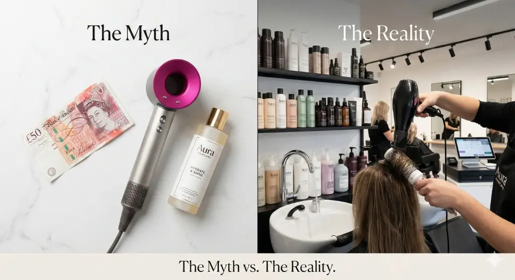 Hairdresser styling client’s hair in a modern salon with professional tools and products, highlighting the real cost of salon services and the importance of sustainable pricing, supported by BookableU.com salon management tools.