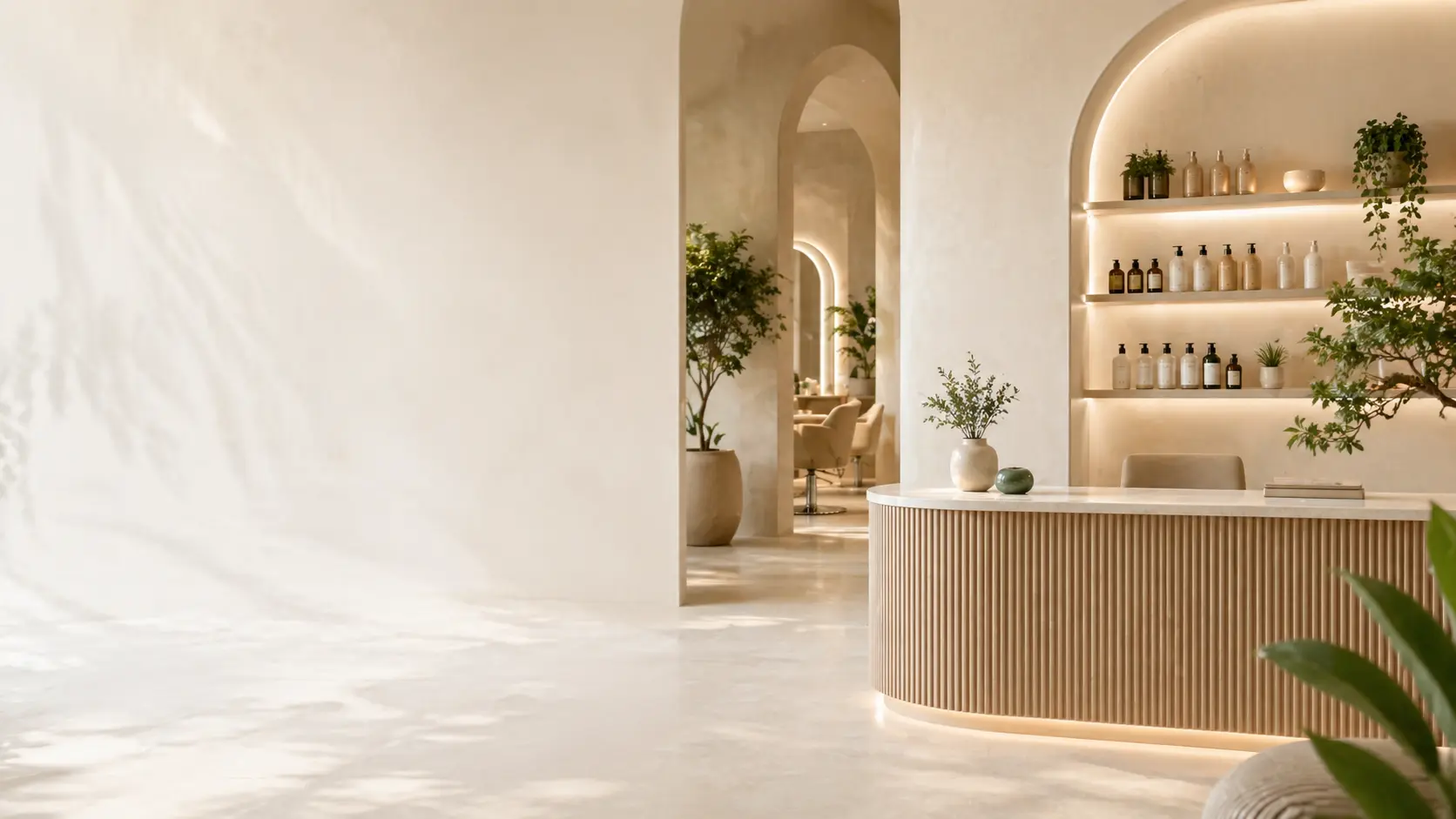 Tranquil neutral-toned beauty studio with plants and skincare display