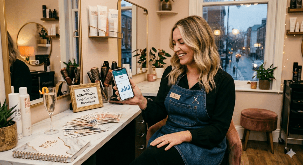 Smiling UK hair stylist in a pink salon holding a phone with zero commission booking app.